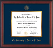 Image of University of Texas - El Paso Diploma Frame - Cherry Reverse - w/UTEP Embossed Seal & Name - Navy on Gold mat