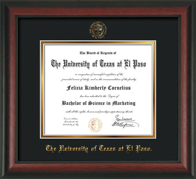 Image of University of Texas - El Paso Diploma Frame - Rosewood - w/UTEP Embossed Seal & Name - Black on Gold mat