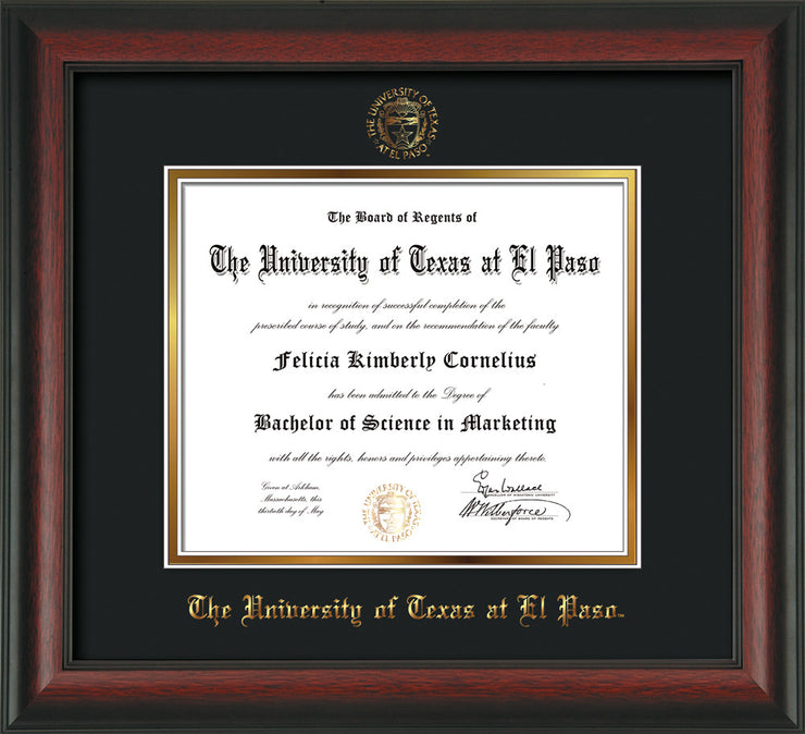 Image of University of Texas - El Paso Diploma Frame - Rosewood - w/UTEP Embossed Seal & Name - Black on Gold mat