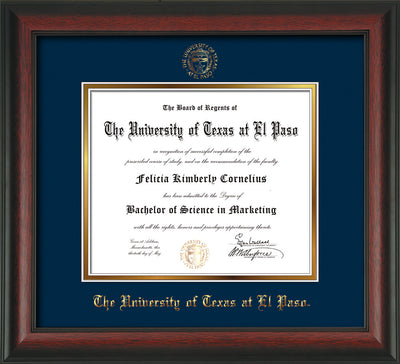 Image of University of Texas - El Paso Diploma Frame - Rosewood - w/UTEP Embossed Seal & Name - Navy on Gold mat