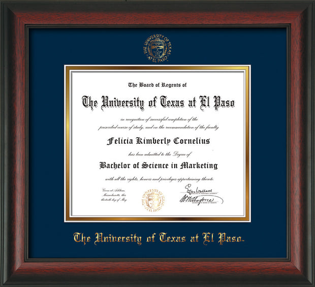 Image of University of Texas - El Paso Diploma Frame - Rosewood - w/UTEP Embossed Seal & Name - Navy on Gold mat