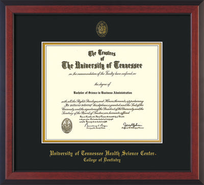Image of University of Tennessee Health Science Center - Cherry Reverse - w/UT Seal & College of Dentistry Name - Black on Gold Mat