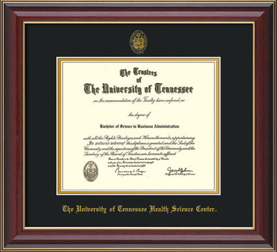 Image of University of Tennessee Health Science Center Diploma Frame - Cherry Lacquer - w/UT Embossed Seal & UTHSC Name - Black on Gold Mat
