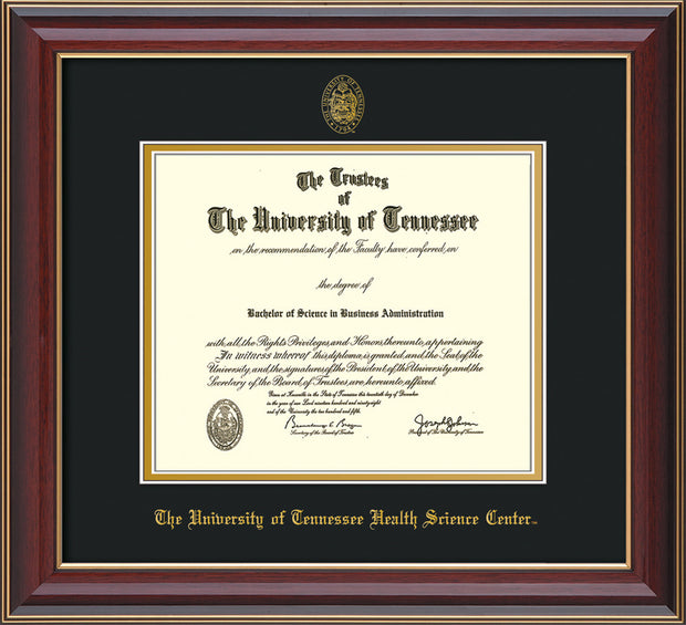 Image of University of Tennessee Health Science Center Diploma Frame - Cherry Lacquer - w/UT Embossed Seal & UTHSC Name - Black on Gold Mat