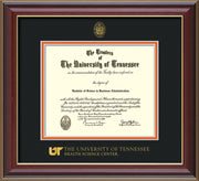 Image of University of Tennessee Health Science Center Diploma Frame - Cherry Lacquer - w/UT Embossed Seal & UTHSC Wordmark - Black on Orange Mat