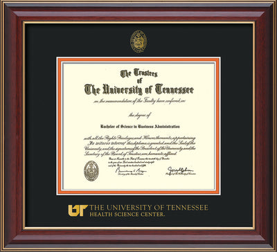 Image of University of Tennessee Health Science Center Diploma Frame - Cherry Lacquer - w/UT Embossed Seal & UTHSC Wordmark - Black on Orange Mat