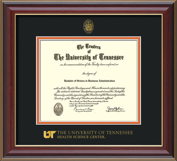 Image of University of Tennessee Health Science Center Diploma Frame - Cherry Lacquer - w/UT Embossed Seal & UTHSC Wordmark - Black on Orange Mat