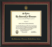 Image of University of Tennessee Health Science Center Diploma Frame - Rosewood w/Gold Lip - w/UT Embossed Seal & UTHSC Name - Black on Gold Mat