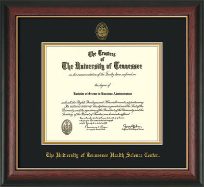 Image of University of Tennessee Health Science Center Diploma Frame - Rosewood w/Gold Lip - w/UT Embossed Seal & UTHSC Name - Black on Gold Mat