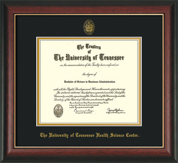 Image of University of Tennessee Health Science Center Diploma Frame - Rosewood w/Gold Lip - w/UT Embossed Seal & UTHSC Name - Black on Gold Mat