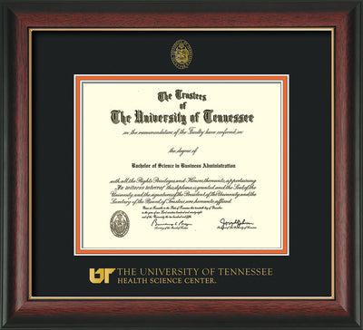 Image of University of Tennessee Health Science Center Diploma Frame - Rosewood w/Gold Lip - w/UT Embossed Seal & UTHSC Wordmark - Black on Orange Mat