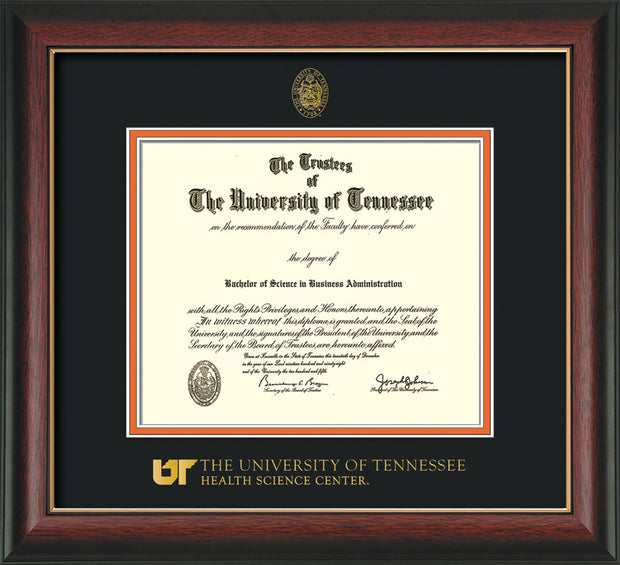 Image of University of Tennessee Health Science Center Diploma Frame - Rosewood w/Gold Lip - w/UT Embossed Seal & UTHSC Wordmark - Black on Orange Mat