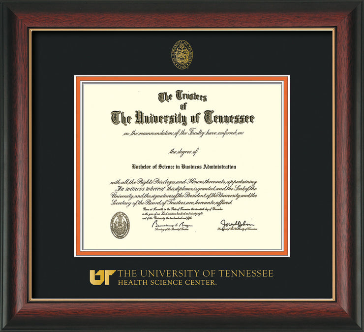 Image of University of Tennessee Health Science Center Diploma Frame - Rosewood w/Gold Lip - w/UT Embossed Seal & UTHSC Wordmark - Black on Orange Mat