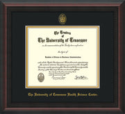 Image of University of Tennessee Health Science Center Diploma Frame - Mahogany Braid - w/UT Embossed Seal & UTHSC Name - Black on Gold Mat