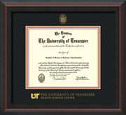 Image of University of Tennessee Health Science Center Diploma Frame - Mahogany Braid - w/UT Embossed Seal & UTHSC Wordmark - Black on Orange Mat