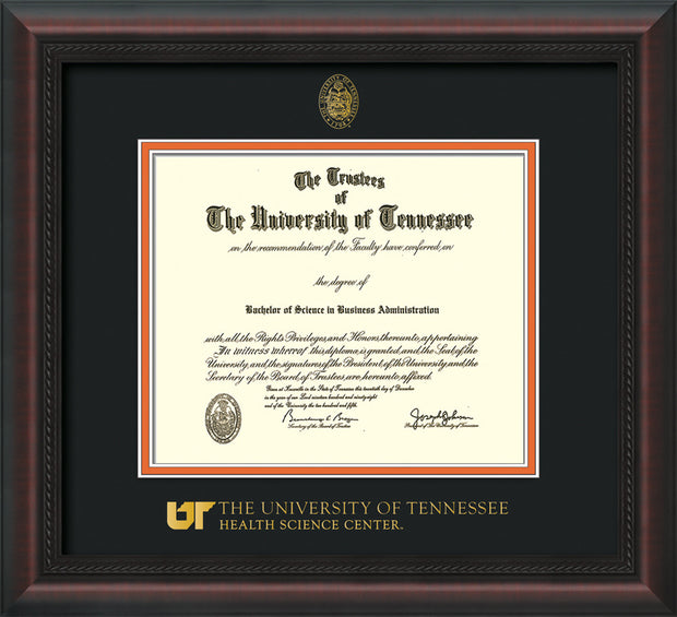 Image of University of Tennessee Health Science Center Diploma Frame - Mahogany Braid - w/UT Embossed Seal & UTHSC Wordmark - Black on Orange Mat