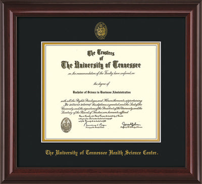 Image of University of Tennessee Health Science Center Diploma Frame - Mahogany Lacquer - w/UT Embossed Seal & UTHSC Name - Black on Gold Mat