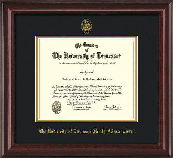 Image of University of Tennessee Health Science Center Diploma Frame - Mahogany Lacquer - w/UT Embossed Seal & UTHSC Name - Black on Gold Mat