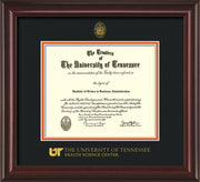 Image of University of Tennessee Health Science Center Diploma Frame - Mahogany Lacquer - w/UT Embossed Seal & UTHSC Wordmark - Black on Orange Mat