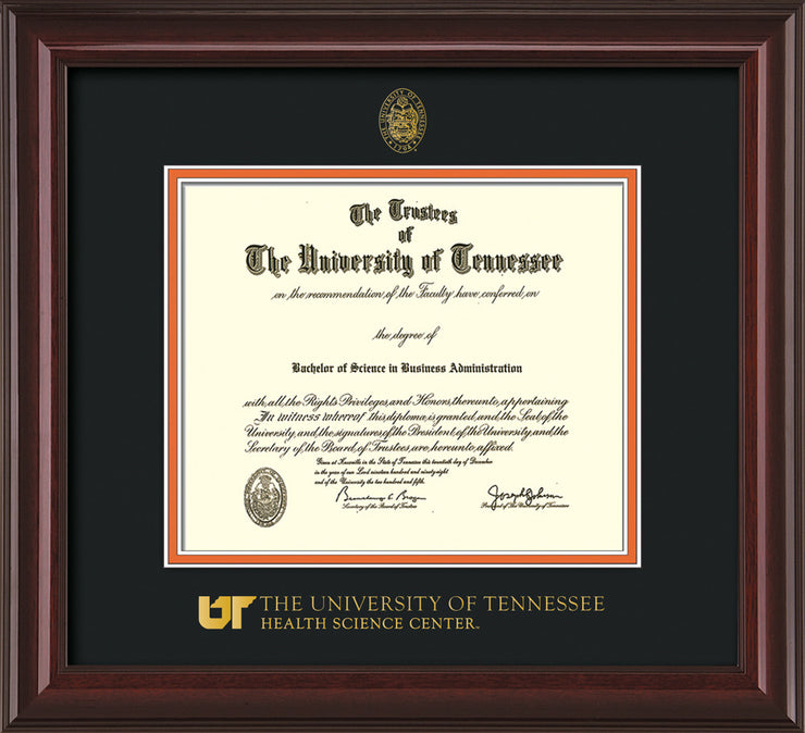 Image of University of Tennessee Health Science Center Diploma Frame - Mahogany Lacquer - w/UT Embossed Seal & UTHSC Wordmark - Black on Orange Mat