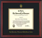 Image of University of Tennessee Health Science Center Diploma Frame - Cherry Reverse - w/UT Embossed Seal & UTHSC Name - Black on Gold Mat