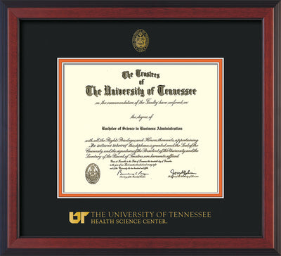 Image of University of Tennessee Health Science Center Diploma Frame - Cherry Reverse - w/UT Embossed Seal & UTHSC Wordmark - Black on Orange Mat