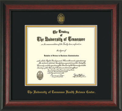 Image of University of Tennessee Health Science Center Diploma Frame - Rosewood - w/UT Embossed Seal & UTHSC Name - Black on Gold Mat