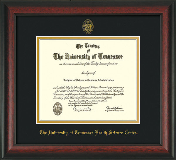 Image of University of Tennessee Health Science Center Diploma Frame - Rosewood - w/UT Embossed Seal & UTHSC Name - Black on Gold Mat