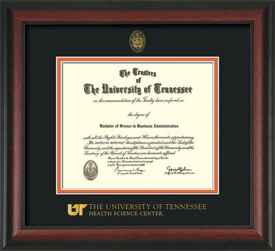 Image of University of Tennessee Health Science Center Diploma Frame - Rosewood - w/UT Embossed Seal & UTHSC Wordmark - Black on Orange Mat