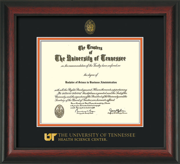 Image of University of Tennessee Health Science Center Diploma Frame - Rosewood - w/UT Embossed Seal & UTHSC Wordmark - Black on Orange Mat