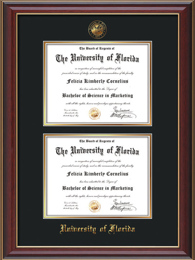 Image of University of Florida Diploma Frame - Cherry Lacquer - w/UF Embossed Seal & Name - Double Diploma - Black on Gold mat