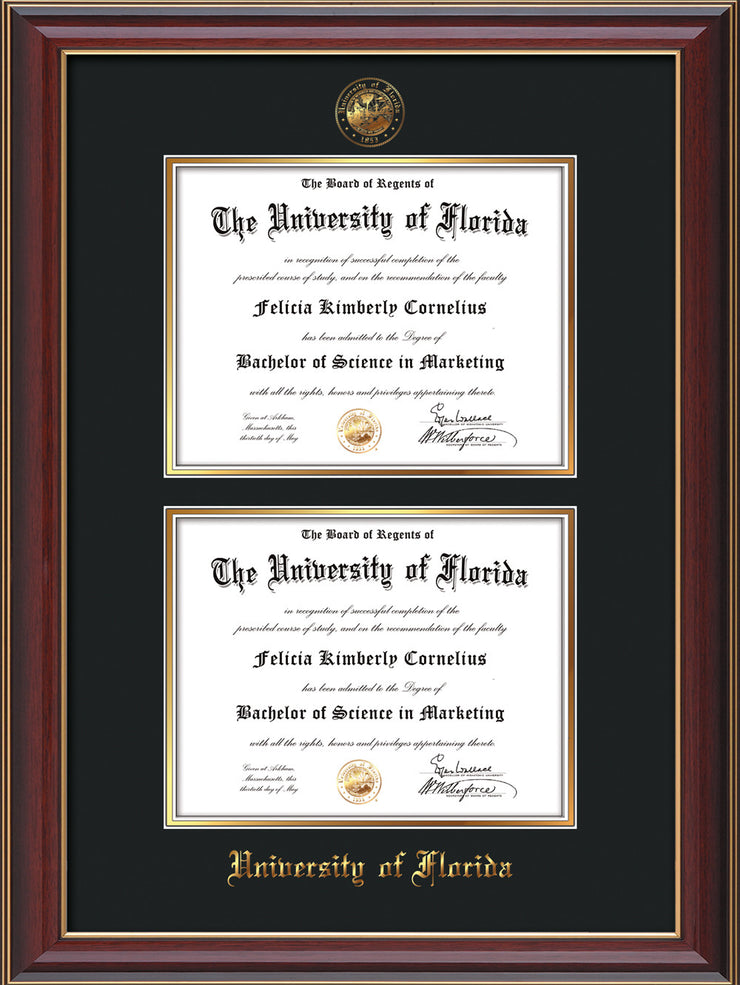 Image of University of Florida Diploma Frame - Cherry Lacquer - w/UF Embossed Seal & Name - Double Diploma - Black on Gold mat