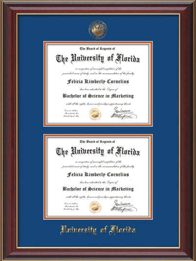 Image of University of Florida Diploma Frame - Cherry Lacquer - w/UF Embossed Seal & Name - Double Diploma - Royal Blue on Orange mat