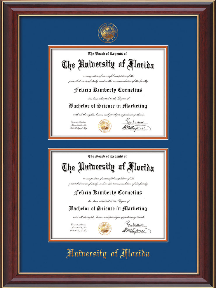 Image of University of Florida Diploma Frame - Cherry Lacquer - w/UF Embossed Seal & Name - Double Diploma - Royal Blue on Orange mat