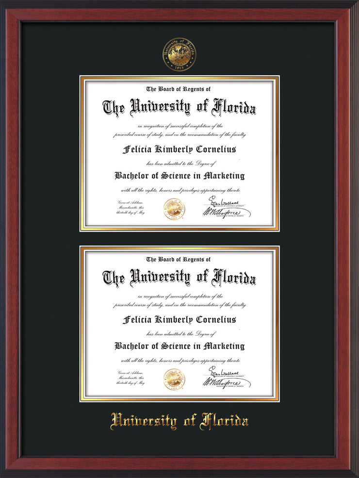Image of University of Florida Diploma Frame - Cherry Reverse - w/UF Embossed Seal & Name - Double Diploma - Black on Gold mat