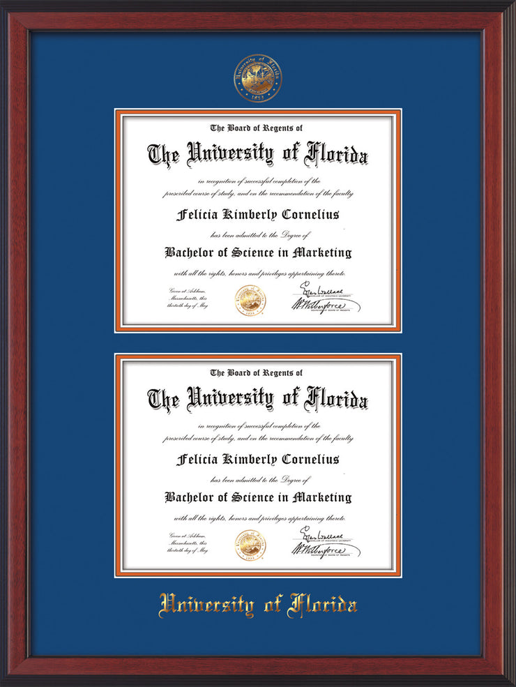 Image of University of Florida Diploma Frame - Cherry Reverse - w/UF Embossed Seal & Name - Double Diploma - Royal Blue on Orange mat