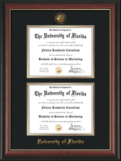 Image of University of Florida Diploma Frame - Rosewood w/Gold Lip - w/UF Embossed Seal & Name - Double Diploma - Black on Gold mat
