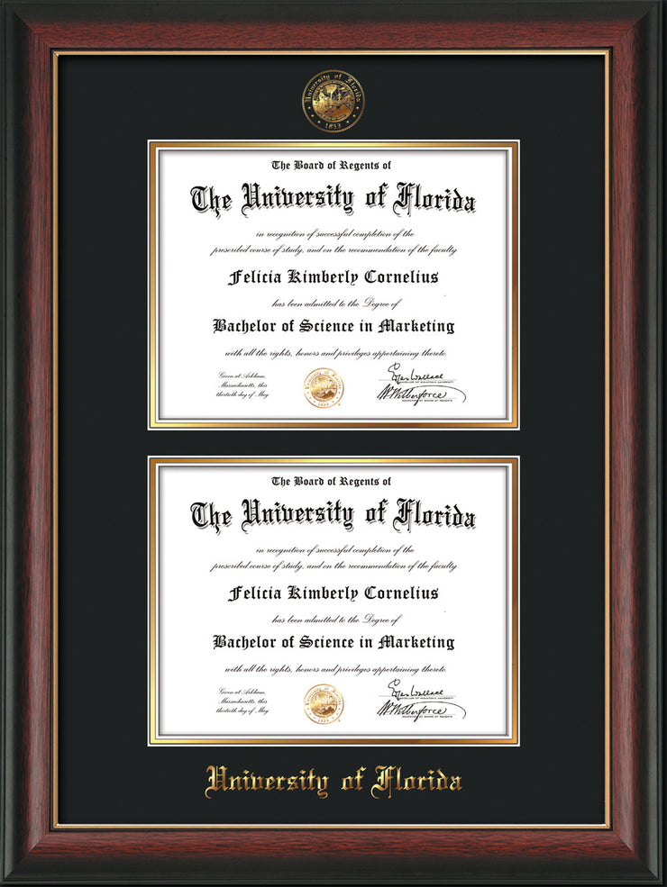 Image of University of Florida Diploma Frame - Rosewood w/Gold Lip - w/UF Embossed Seal & Name - Double Diploma - Black on Gold mat
