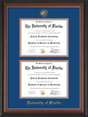 Image of University of Florida Diploma Frame - Rosewood w/Gold Lip - w/UF Embossed Seal & Name - Double Diploma - Royal Blue on Orange mat