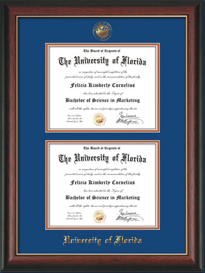 Image of University of Florida Diploma Frame - Rosewood w/Gold Lip - w/UF Embossed Seal & Name - Double Diploma - Royal Blue on Orange mat