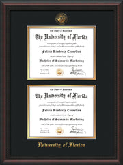 Image of University of Florida Diploma Frame - Mahogany Braid - w/UF Embossed Seal & Name - Double Diploma - Black on Gold mat