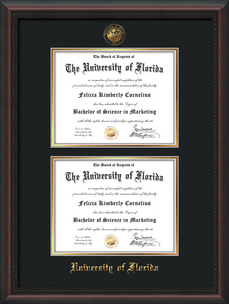Image of University of Florida Diploma Frame - Mahogany Braid - w/UF Embossed Seal & Name - Double Diploma - Black on Gold mat