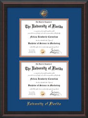 Image of University of Florida Diploma Frame - Mahogany Braid - w/UF Embossed Seal & Name - Double Diploma - Royal Blue on Orange mat