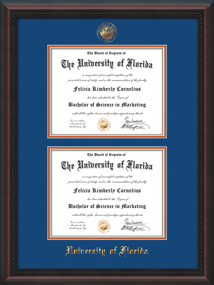 Image of University of Florida Diploma Frame - Mahogany Braid - w/UF Embossed Seal & Name - Double Diploma - Royal Blue on Orange mat