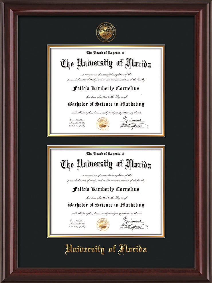 Image of University of Florida Diploma Frame - Mahogany Lacquer - w/UF Embossed Seal & Name - Double Diploma - Black on Gold mat