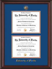 Image of University of Florida Diploma Frame - Mahogany Lacquer - w/UF Embossed Seal & Name - Double Diploma - Royal Blue on Orange mat