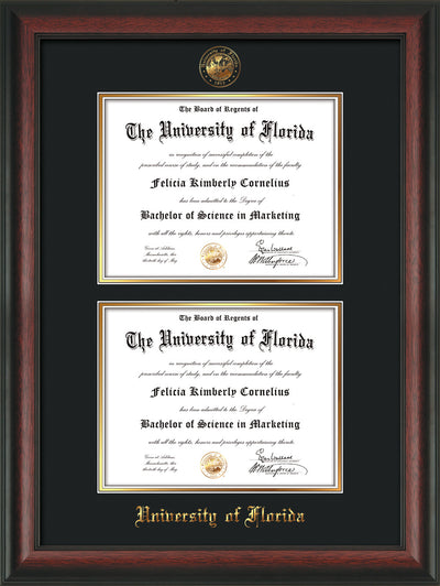 Image of University of Florida Diploma Frame - Rosewood - w/UF Embossed Seal & Name - Double Diploma - Black on Gold mat
