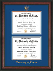 Image of University of Florida Diploma Frame - Rosewood - w/UF Embossed Seal & Name - Double Diploma - Royal Blue on Orange mat