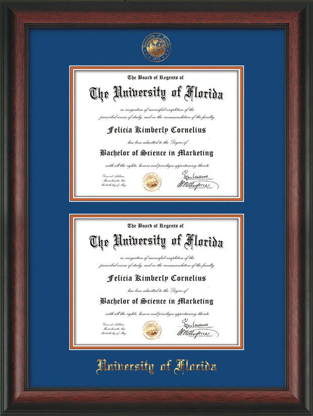 Image of University of Florida Diploma Frame - Rosewood - w/UF Embossed Seal & Name - Double Diploma - Royal Blue on Orange mat