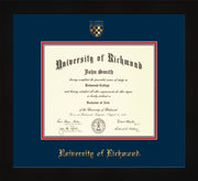 Image of University of Richmond Diploma Frame - Flat Matte Black - w/Embossed Seal & Name - Navy on Red mats